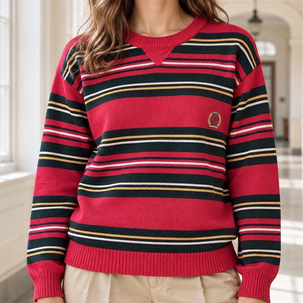 Tommy Hilfiger Vintage Cotton Striped Crest Sweater Retro Preppy Academia Sz M